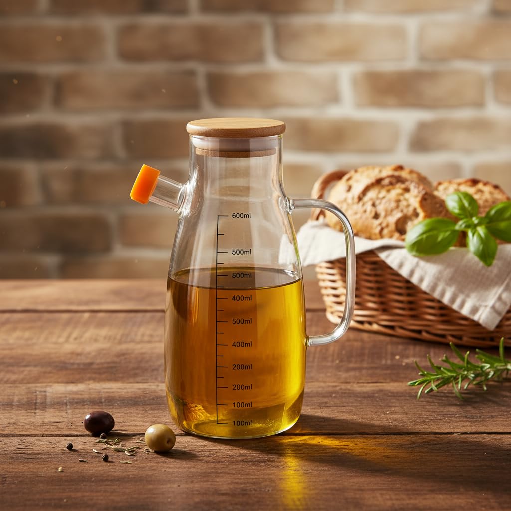 Deconox Borosilikat Cam Yağlık - Bambu Kapaklı ve Ölçü Çizgili Sirkelik | Damlatmaz Ağızlı, Isıya Dayanıklı, Kurşunsuz Yağdanlık (1000 ml)