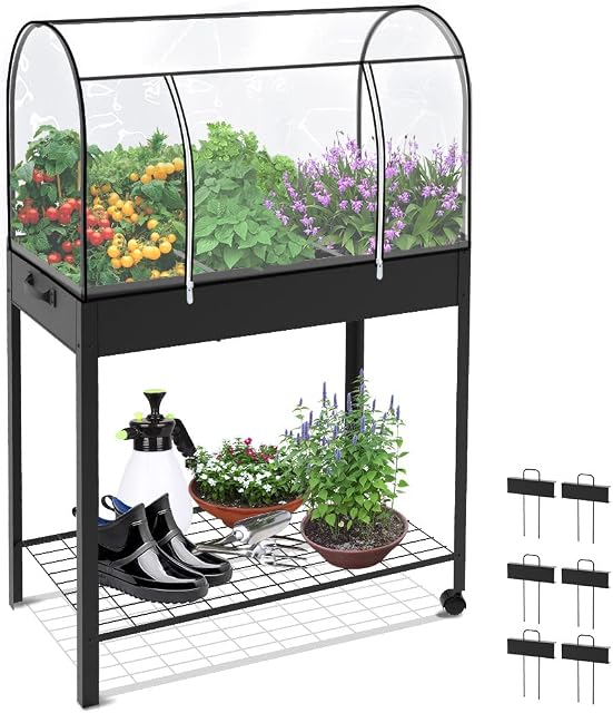 VOUNOT Raised Garden Bed, Mobile Metal Planter with Wheels and Bottom Shelf for Vegetables, Plants and Flowers, Outdoor, Green, 80.5x130x43cm