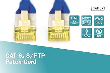Digitus Professional Cat 6 a S-FTP optik ara bağlantı kablosu, LSZH, AWG 26/7, bükülmüş çift, Mavi, 1 m, 1.5 volts