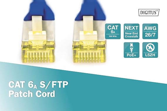 Digitus Professional Cat 6 a S-FTP optik ara bağlantı kablosu, LSZH, AWG 26/7, bükülmüş çift, Mavi, 1 m, 1.5 volts