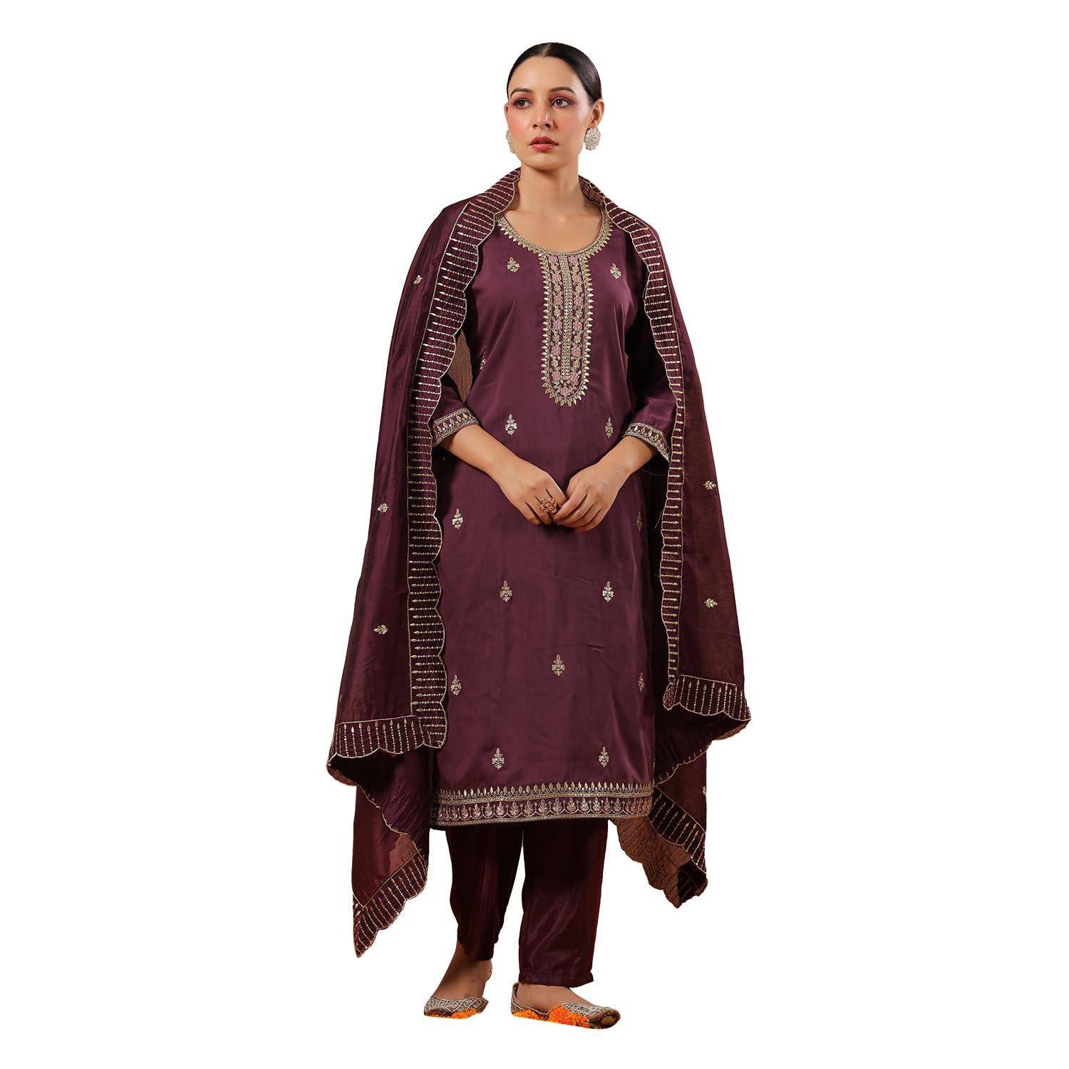 Ishin Women's Poly Silk Ethnic Motifs Zari Purple Straight Kurta Suit Set With Trousers And Dupatta