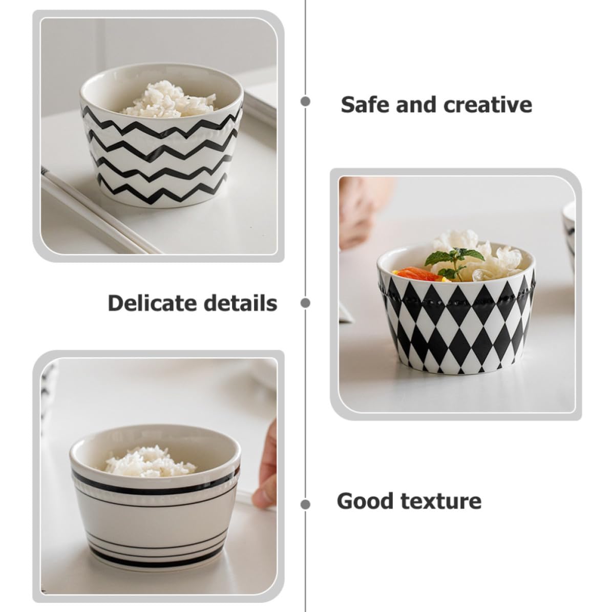 Set di 5 Ciotole da Riso in Ceramica 330ml per Casa | Fondo Antiscivolo, Resistenza alla Rottura, Stile Bianco e Nero, Confezione in Scatola