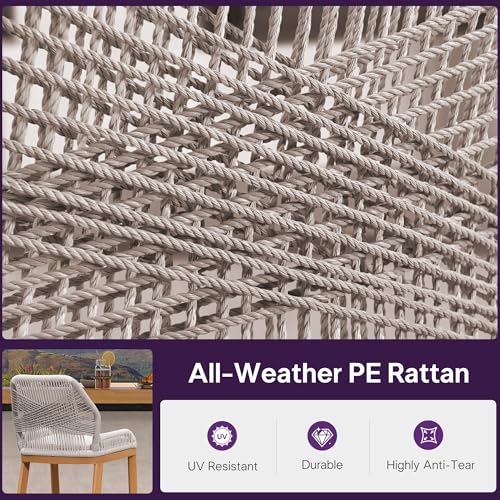 Image of PURPLE LEAF Bar Stools Set of 2 Outdoor Bar Height Metal Stools Modern Wicker Rattan Barstools with Back Aluminum Outside Garden Patio Bar Chairs, Teak