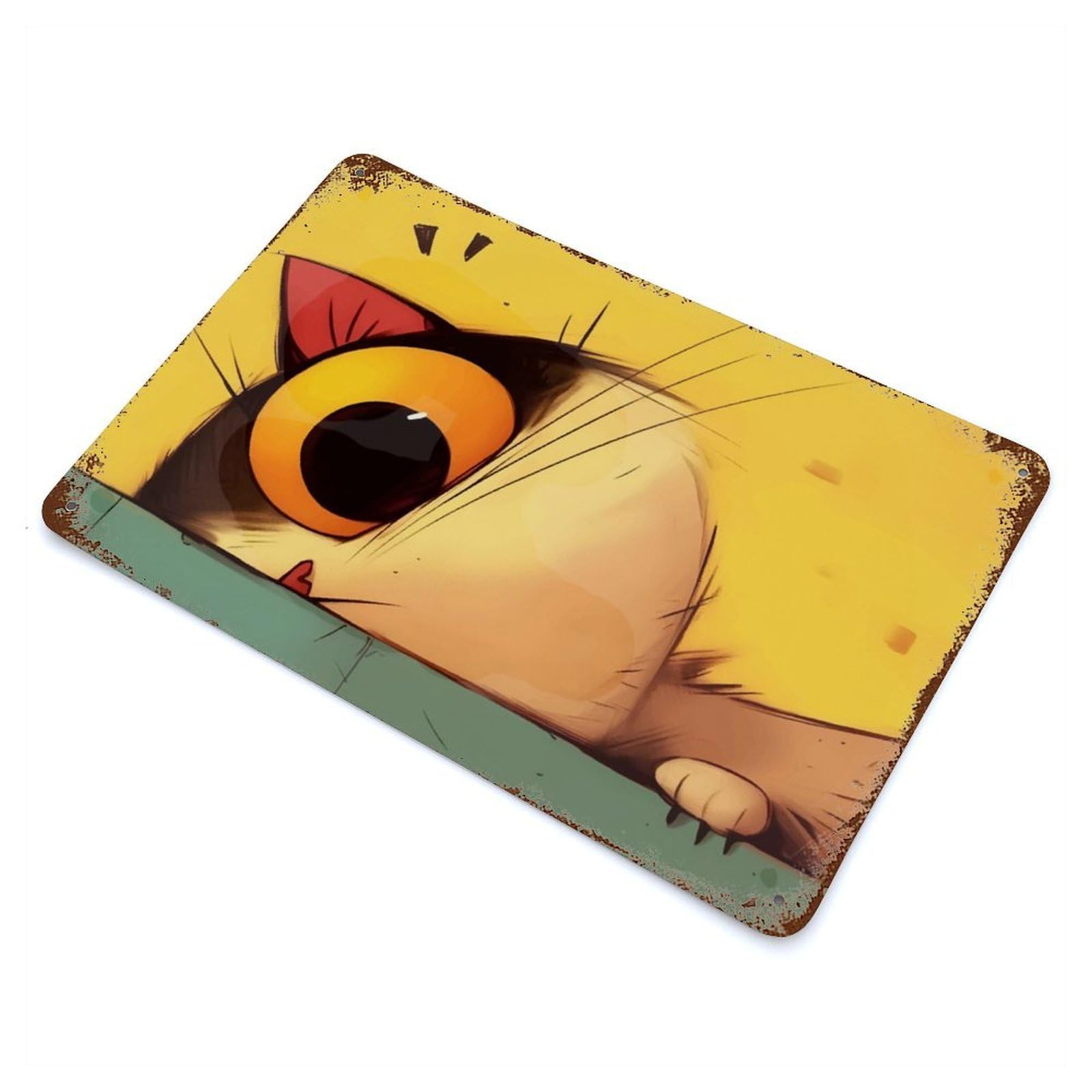 Aged Metal Wall Plaque with Curious Cat Peeking Design 11.8"x7.9", for Basement, Hobby Room And Garage Decor, Farmhouse Wall Decor