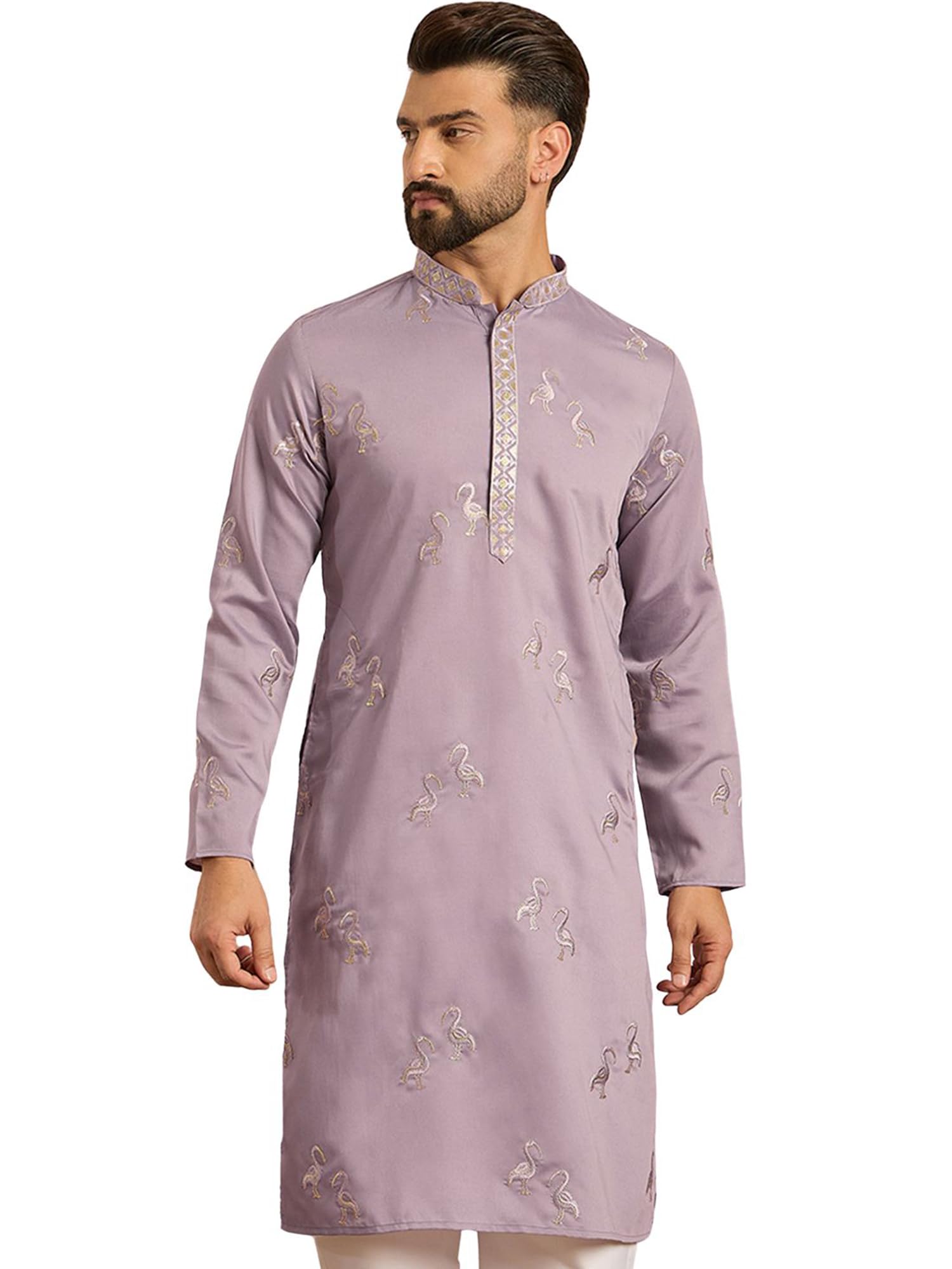 Mens Lavender Silk Blend Embroidered Solid Calf Length Kurta | Men's | Kurta for Men | Straight Fit Kurta's for Men's-image-43
