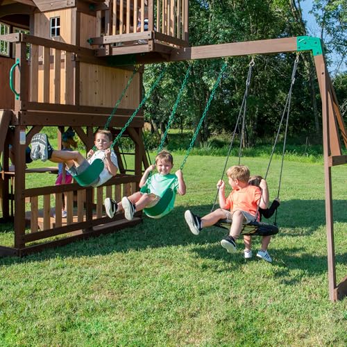 Backyard Discovery Skyfort All Cedar Swing Set, Elevated Covered Wood Roof Clubhouse with Bay Windows, 2 Belt Swings, Web Swing, 10ft Wave Slide, 5 ft Tube Slide, Covered Picnic Table, 5 ft Rock Wall - image 7