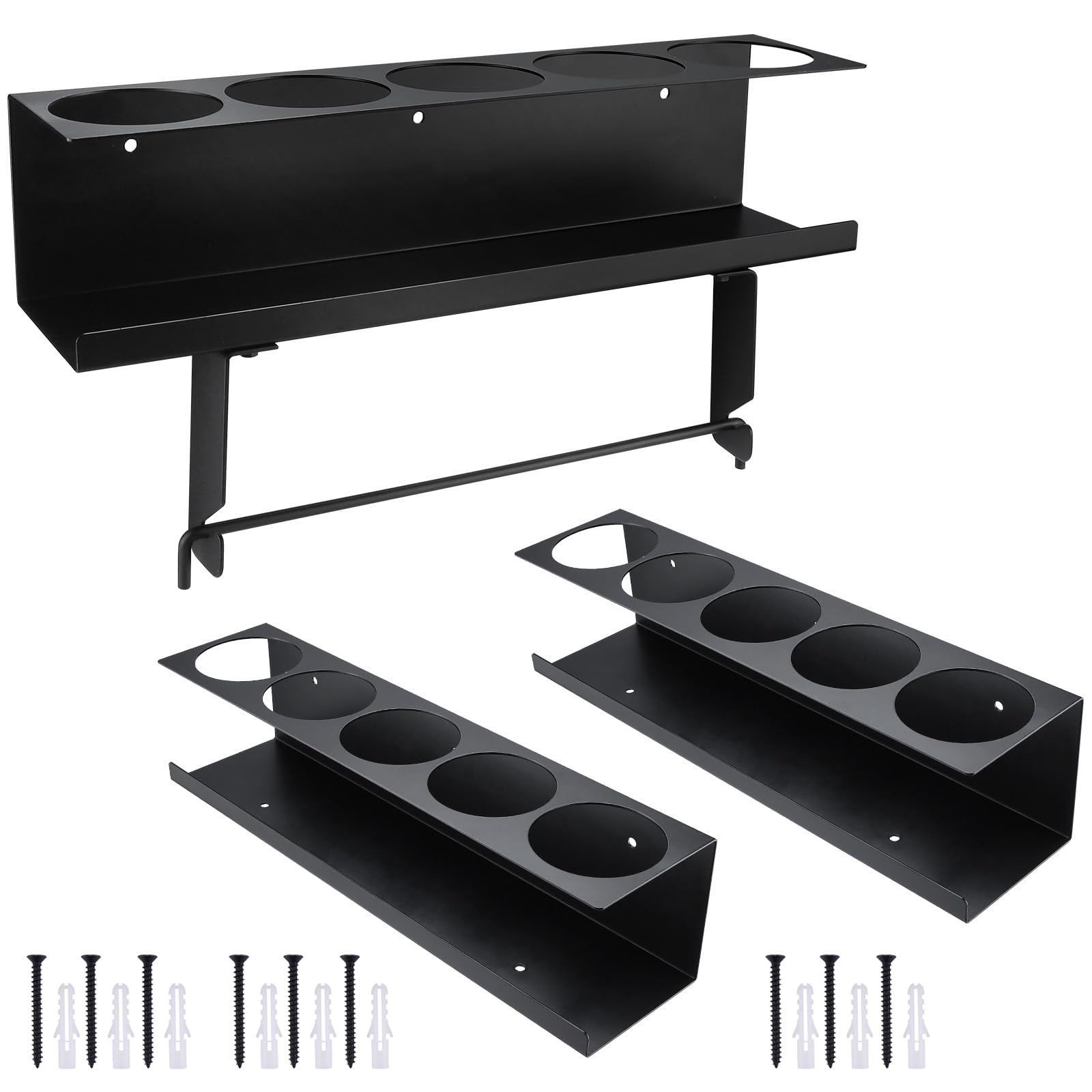 RealPlus Aerosol Spray Can Holder with Paper Towel Holder, 5 Cans Wall-Mounted Heavy-Duty Steel Spray Bottle Holder Rack Organizer for Garage and