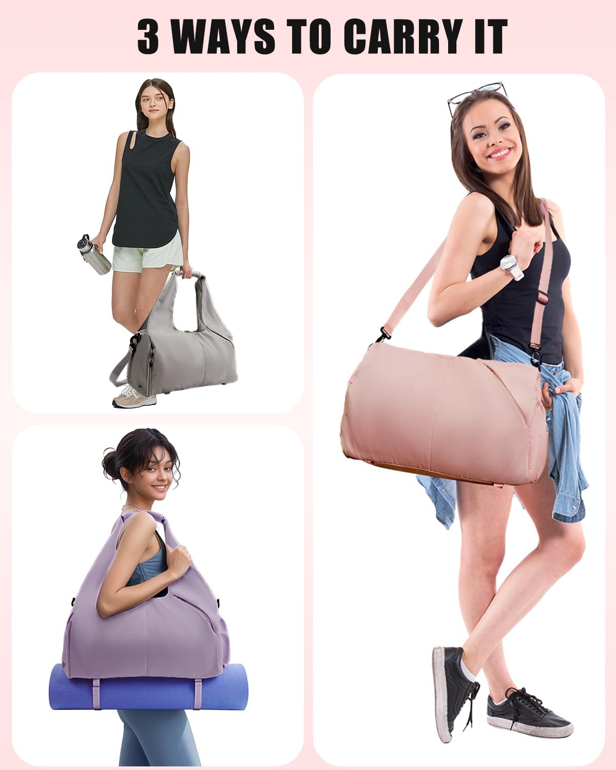 RHDZO Gym Bag for Women with Shoe Compartment Yoga Mat Bag with Wet Pocket and Water Bottle Holder Weekender Bag with Strap