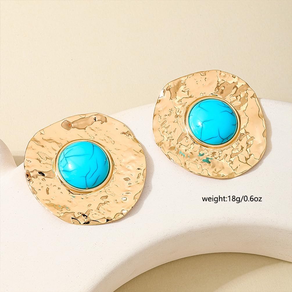 Chunky Gold Turquoise Earrings Dangling for Women Statement, Vintage Hammered Round Disc Small Turquoises Earring Western Jewelry Cowgirl Accessories - Image 8