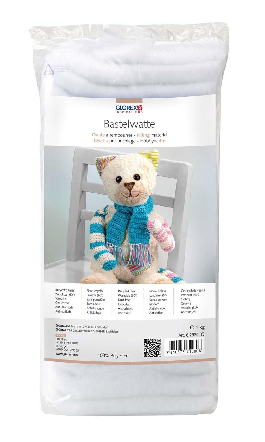GLOREX 6 2524 05 - Bastelwatte, 1 kg weiß, 100 % Polyester, waschbar bis 30°C, schwer entflammbar, ideal zum Basteln und als Füllmaterial für Kissen, Puppen und Stofftiere