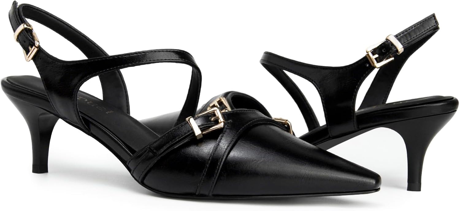 Woven Kitten Heels for Women Leather Pointed Toe Slingback Pumps Buckle Strap Comfortable Heels Wedding Office Dressy Shoes - Image 6