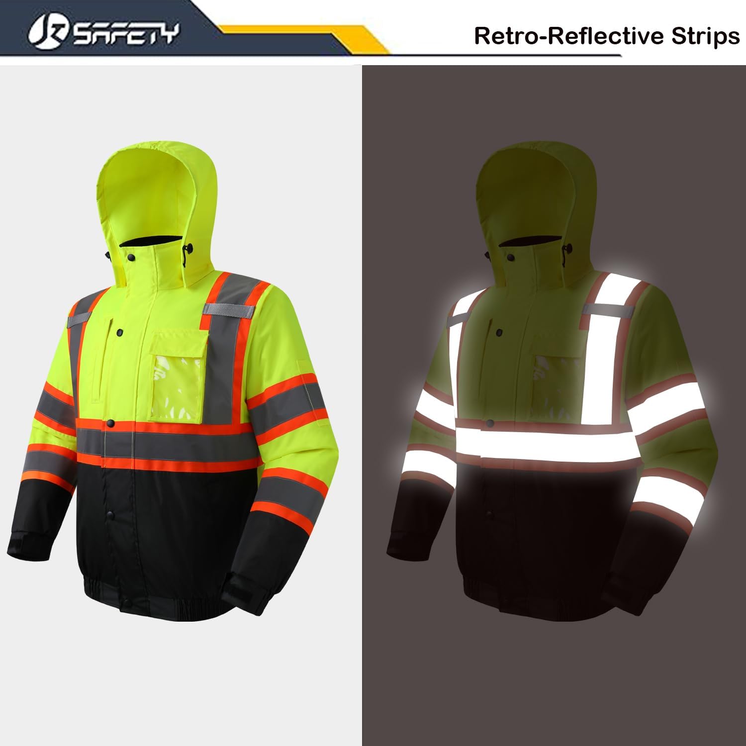 JKSafety Hi-Vis Winter Safety Bomber Jacket for men and women | Winter Safety Jacket Durable and Waterproof | Construction Work Jacket for Winter | Cold Weather PPE | ANSI Compliant (116-Black L)