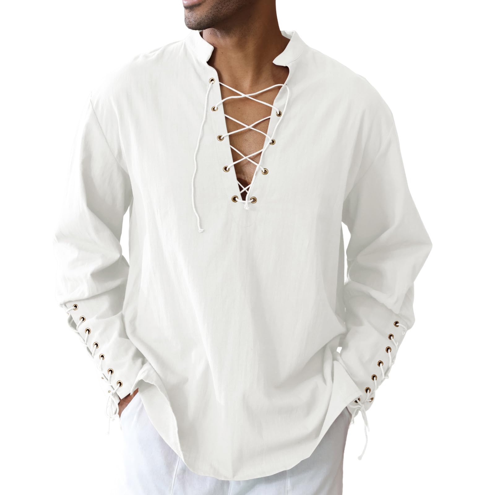 Men's Cotton Linen Shirt Drawstring Arm Banded Tops Medieval Viking Pirate Renaissance Halloween Costume, White, 4XL