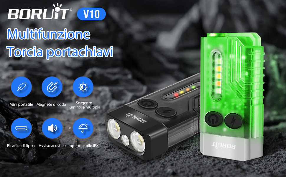 BORUIT V3 Mini Torcia LED, 900 Lumens Portachiavi Torcia con Luce UV, 10 Modalità, Base Magnetica, IP65 Flashlight Impermeabile per Campeggio Esterno