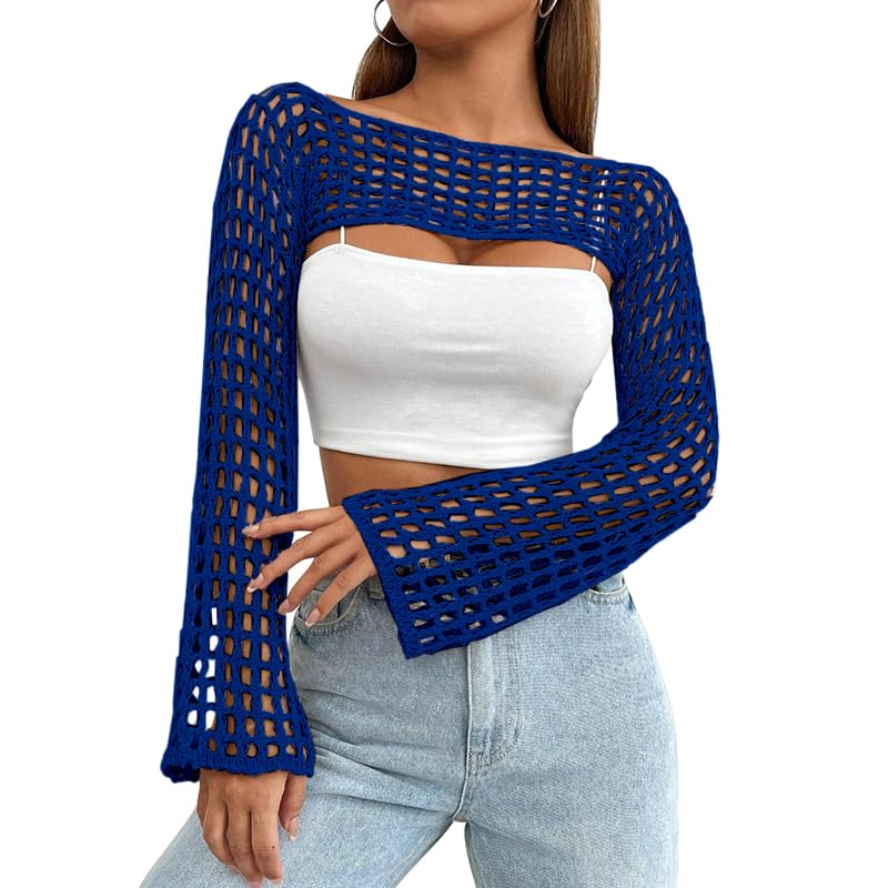 Image of Womens Crochet Shrug Y2K Hollow Out Bolero Shrug See Through Cropped Knit Sweater Top