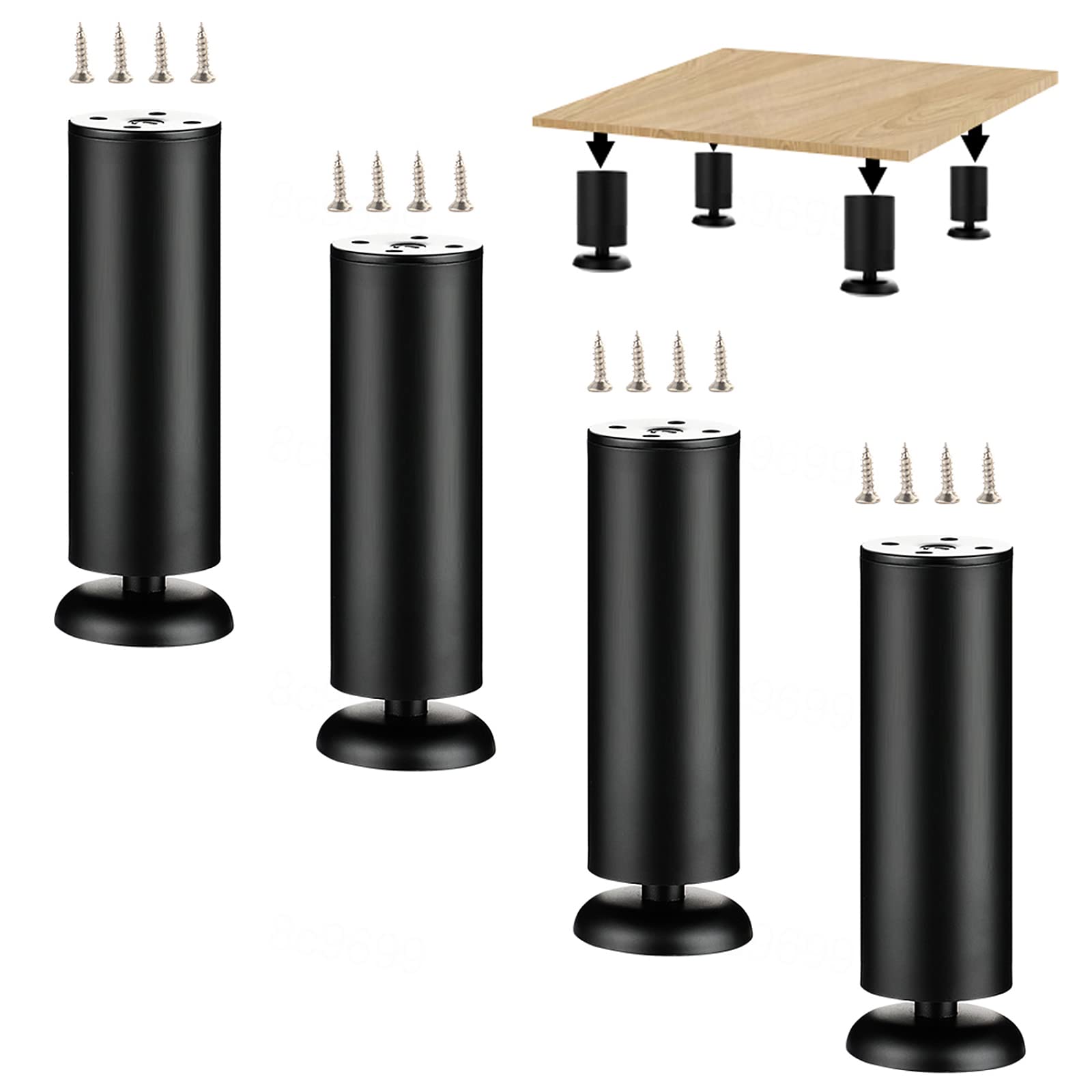 X4 Black Cabinet Piede,Gambe da Tavolo Metallo,Piedini libreria,Piede Supporto del Divano,Altezza Regolabile in Acciaio Inossidabile 0-15mm,Piedini di Ricambio per mobili,20cm/8in