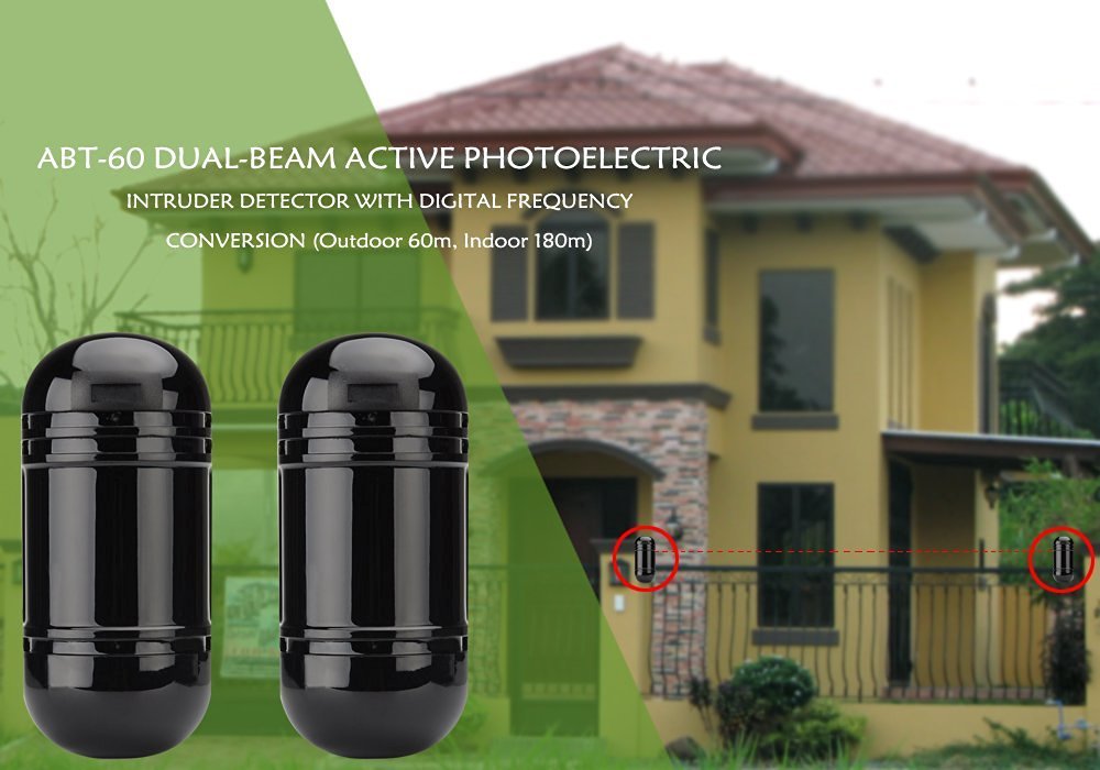 BW Detector de intrusos de doble haz y alarma, detector de infrarrojos activo de seguridad de doble haz, para exteriores, 60 m, rango de detección de 180 m, dispersión del haz de 1,5 m, ajuste óptico