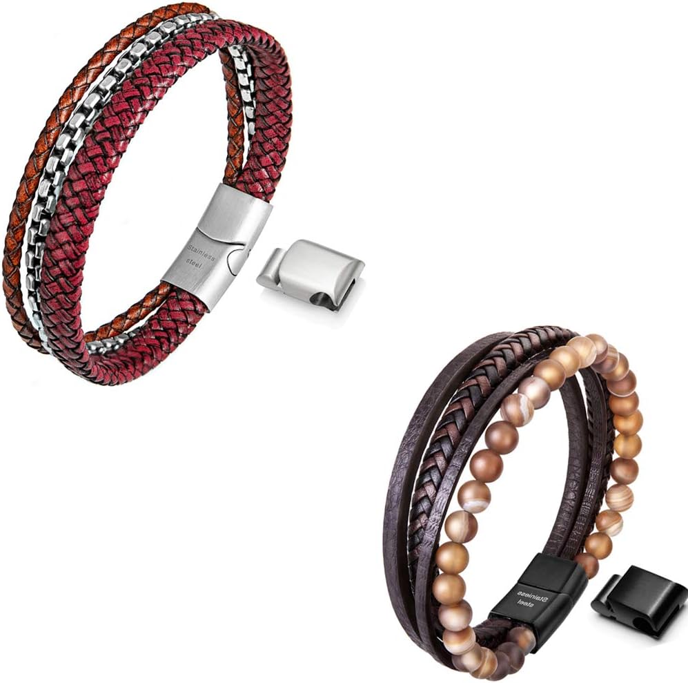 Speroto Mens Braided Bracelet with Magnetic Clasp, Leather Bracelet for Men, 8.7' in Brown