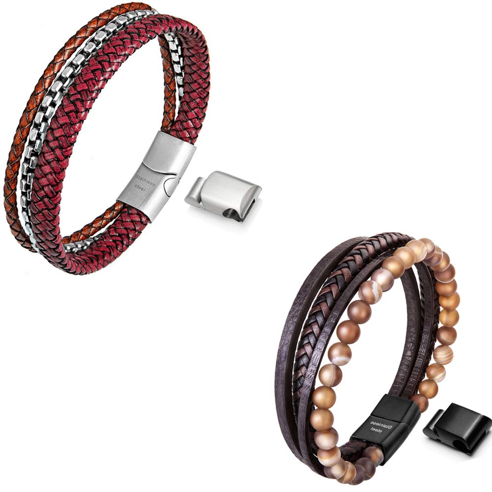 Speroto Mens Braided Bracelet with Magnetic Clasp, Leather Bracelet for Men, 8.7' in Brown