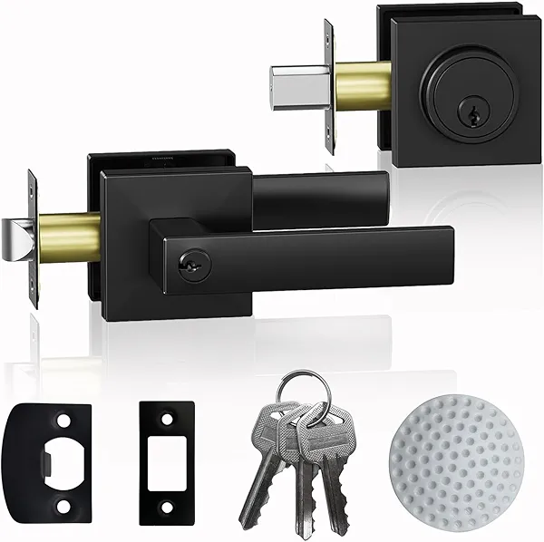 DSJJBLL Exterior Door Handle with Single Cylinder Deadbolt,Front Door Handle and Deadbolt Set,Matte Black Keyed Alike Heavy Duty Door Lever Locksets Right & Left Sided Doors,1 Key 1 Combo