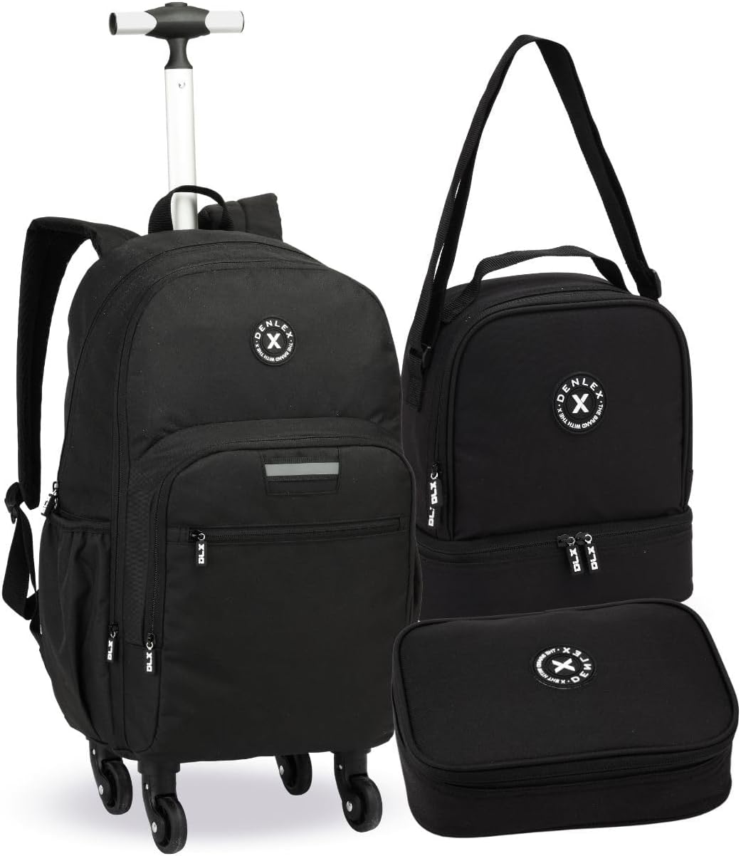 Kit Mochila Masculina Escolar Juvenil com 4 Rodinhas 360, Lancheira Térmica Adolescente e Mega Estojo, 3 Peças, Preto