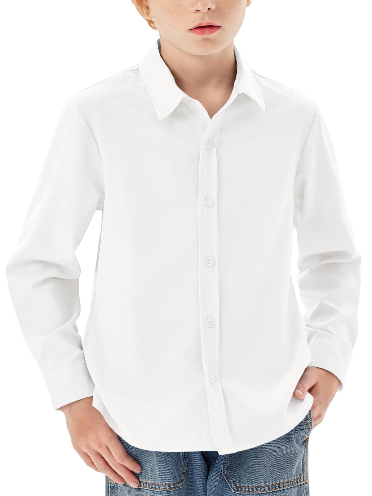 Haloumoning Jungen Hemd Langarm Knopfleiste Shirt Regular Fit Casual Freizeit Party Hemden Einfarbig Bügelleicht Formale Schuluniform Oberteile, Weiß, 11-12 Jahre