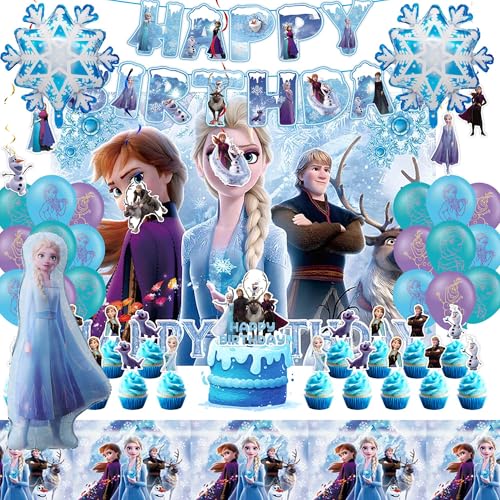 Cartoon Birthday Party Decorations Winter Princess Theme Party Supplies Set with Banner Balloon Backdrop Tablecloth Hanging Swirl