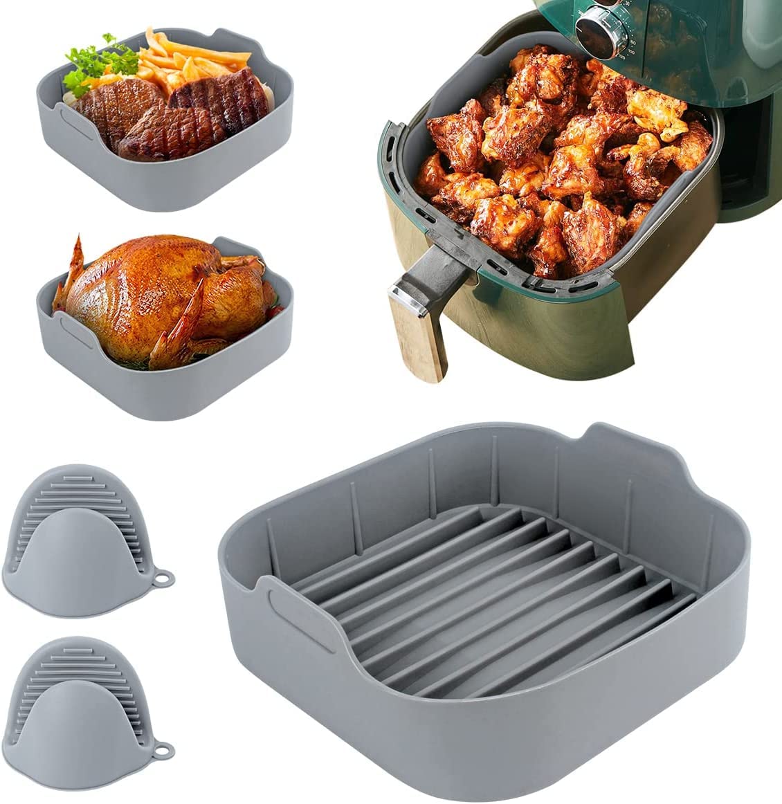 Air Fryer Silicone Pot - Silicone Air Fryer Reusable Liners for 5.5 QT or Bigger Square, 8.1 Inch Food Safe Reusable Air Fryer Silicone Basket, Easy Cleaning Air Fryer Pan with Heat-proof Gloves