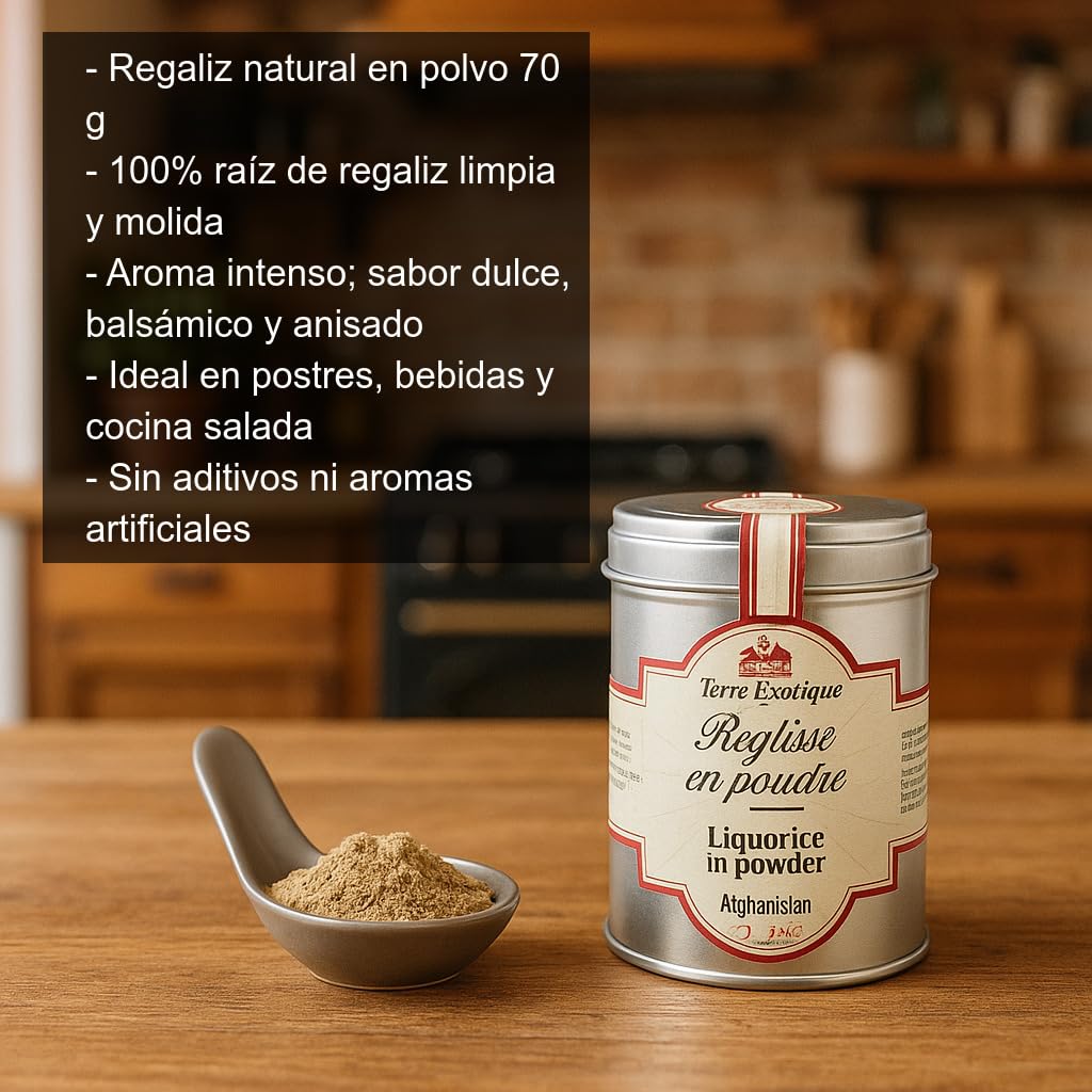 Regaliz natural en polvo 70 g 100% raíz molida sin aditivos para repostería, infusiones y cocina salada aroma dulce anisado