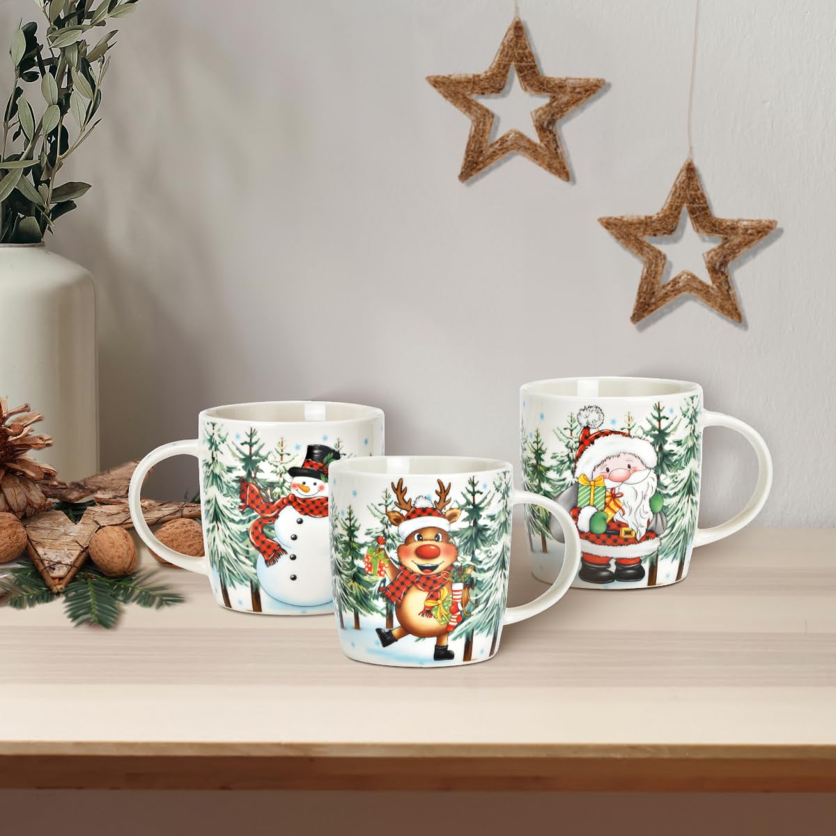 Tassen 6er Set Xmas Kinder Motive - Bunte Porzellan Kaffeebecher als Weihnachtstassen in 12 cm - Süße Kaffeetassen für Weihnachten spülmaschinenfest und mikrowellengeeignet