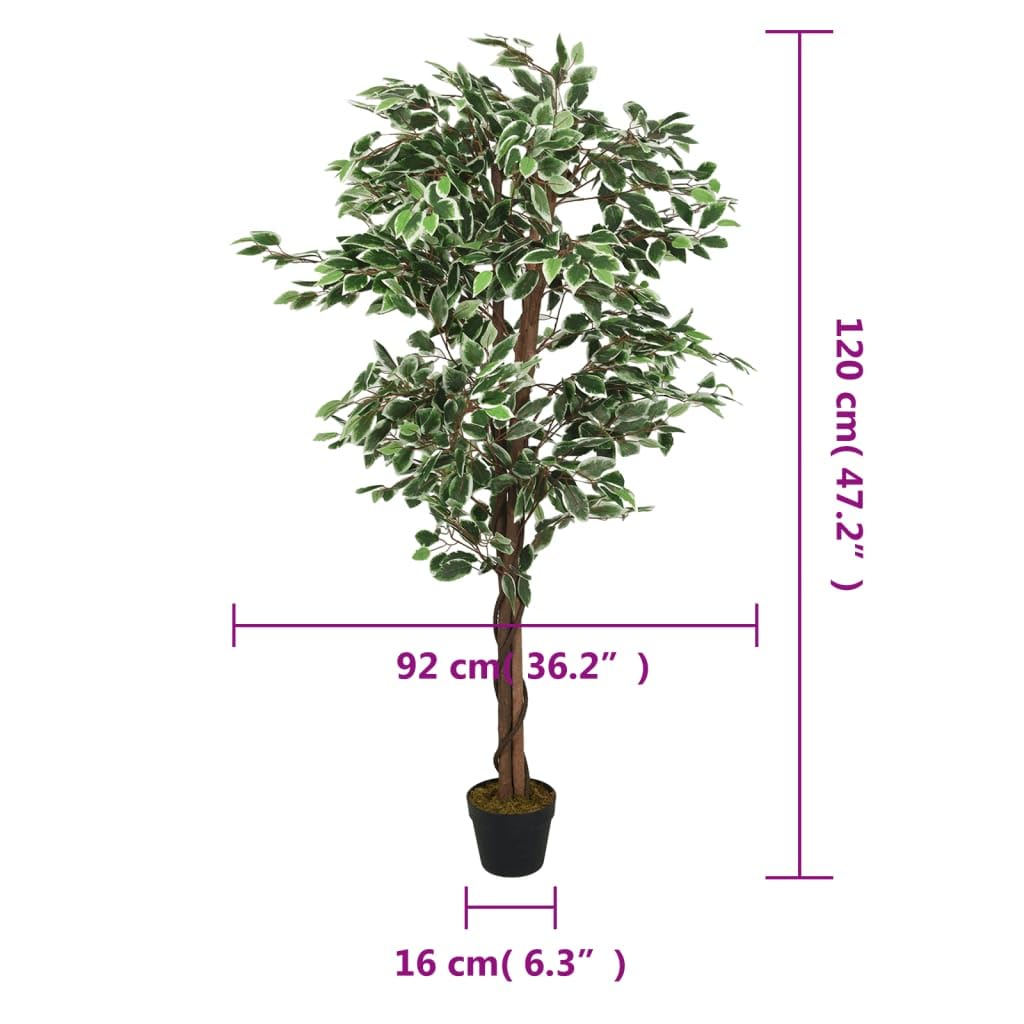 Sztuczne drzewko ficus zielone 120 cm z 630 liśćmi, drewniane pnie i doniczka z tworzywa sztucznego, nie wymaga pielęgnacji, do salonu, biura, wejścia i tarasu, dekoracyjna roślina pokojowa