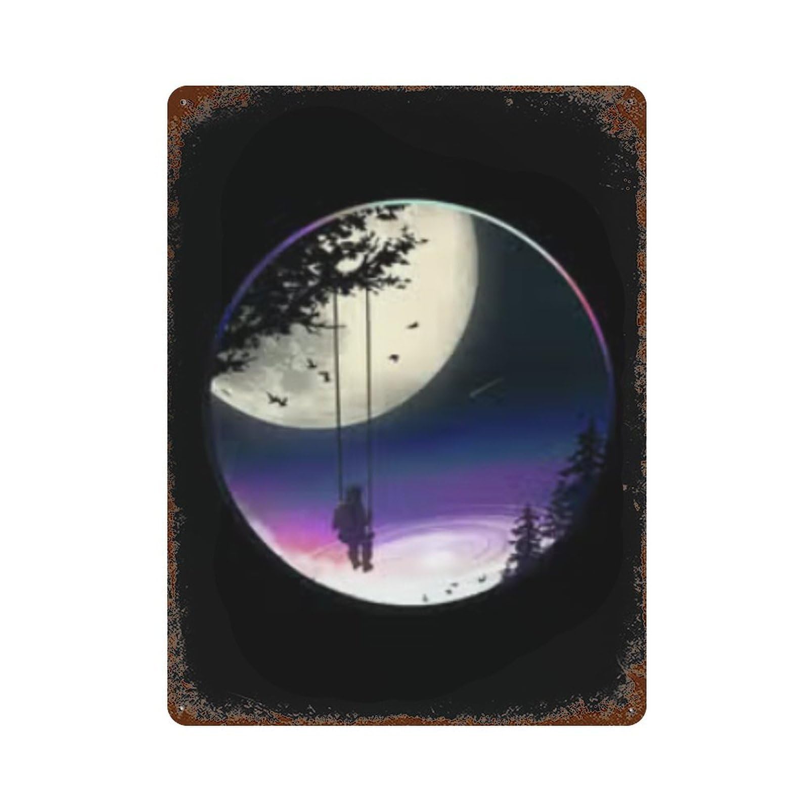 Moonlit Swing Fantasy Scene Vintage Metal Tin Sign 15.7"x11.8", Farmhouse Wall Decor for Patio, Garden Room And Bar Decor