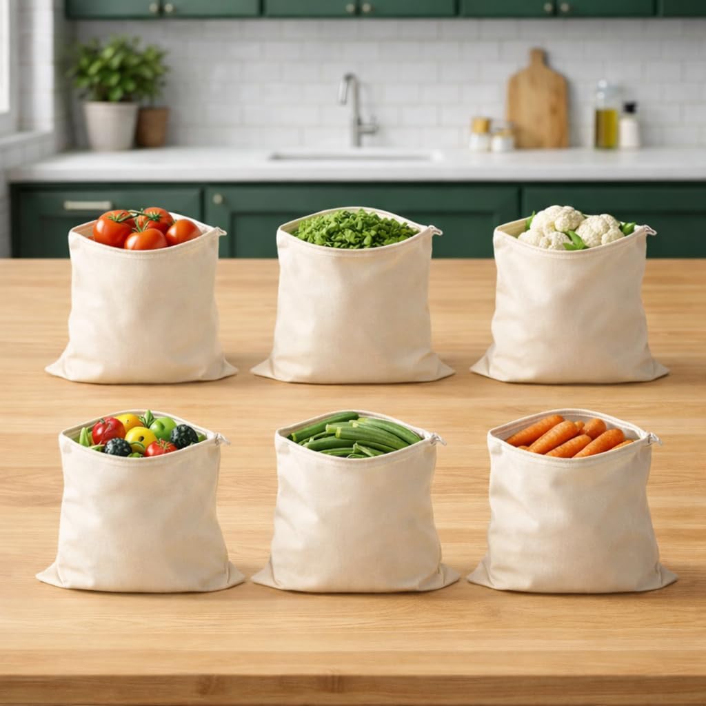 Cotton Reusable Produce Bags, Vegetable Storage Bags, Kitchen Organization, Set of 6, 100% Natural Cotton, Drawstring Closure