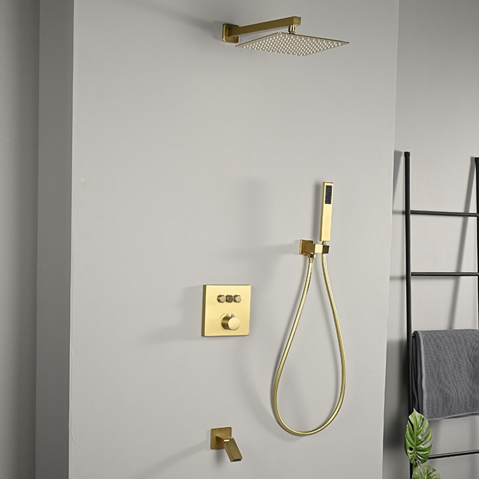 Mitigeur de douche encastré or brossé et kit pommeau effet pluie avec douchette 3 fonctions