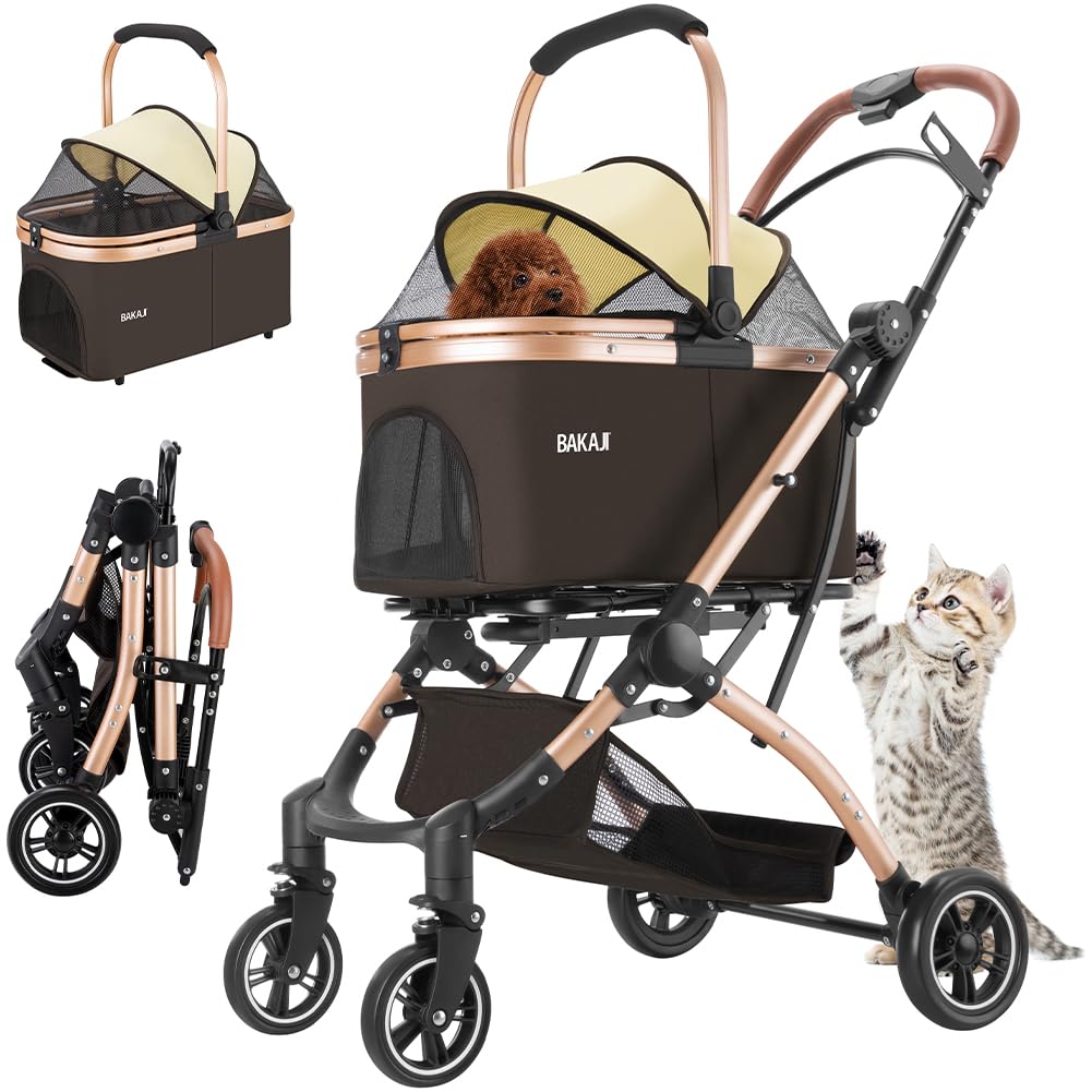 BAKAJI Passeggino per Cani e Gatti 2in1 con Navicella Rimovibile e Chiusura Salvaspazio, Carrozzina Animali Domestici con Capsula Trasportino Rimovibile e Tettuccio Apribile, Peso Max. 50kg (Marrone)