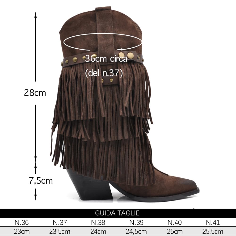 IF Stivali Texani da Donna Western Cowboy Cowgirl in Camoscio Sintetico con Borchie e Frange Rimovibili a 3 Strati Tacco Medio Stile Camperos GA053