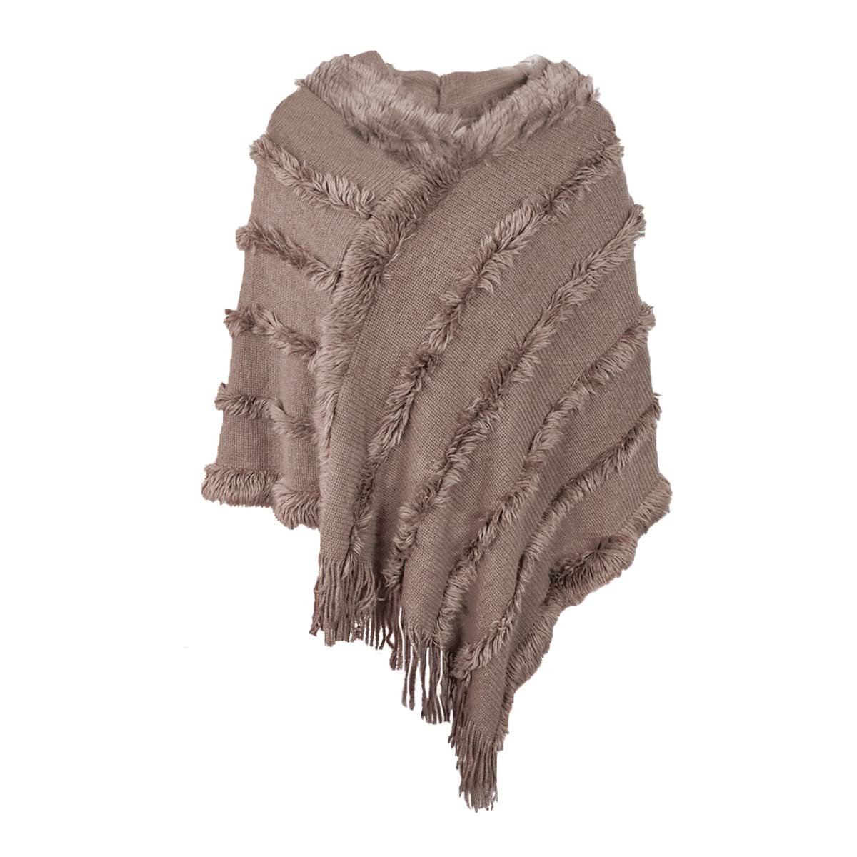 Elegante Maglione Poncho Donna Invernale Poncho con Cappuccio Mantella Scialle Uncinetto con Strisce di Peluche e Franges Scialle della Moda Monocromo Irregular Moda Giovane Top
