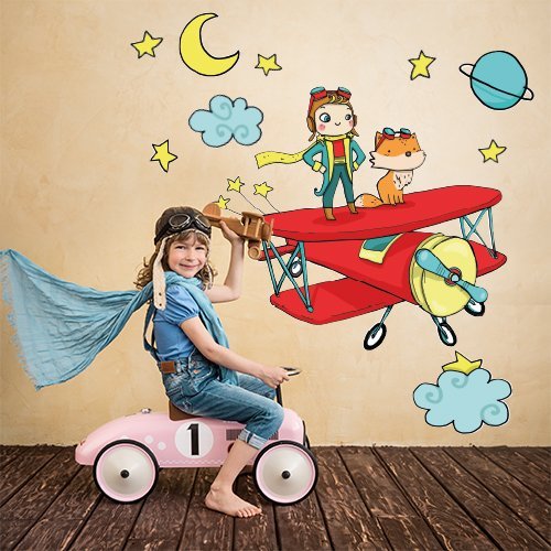kina - Adesivo Murale Bambini Decorazione Parete Cameretta R00310 - Eco-Tessuto, Ecologico Anallergico, Riposizionabile, Effetto Carezza, Asilo Nido - Grafica Piccolo Principe e Misura 120x30 cm