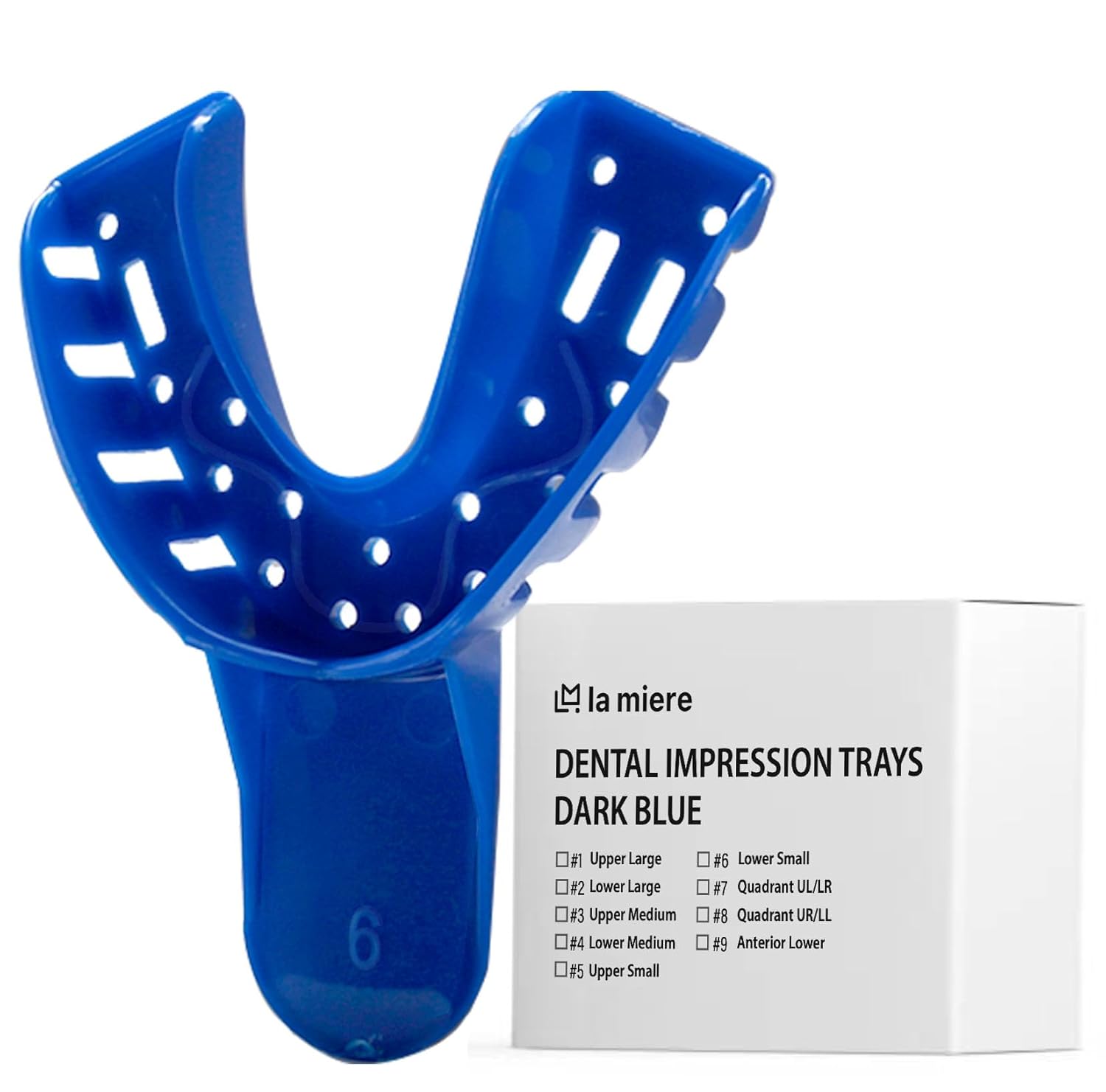 LA MIERE 120 PCS Royal Blue Premium Disposable Tracking Spacer Plastic Dental Impression Trays Small, Medium, Large, Upper-Left, Lower-Right (#6 Lower Small,1case)
