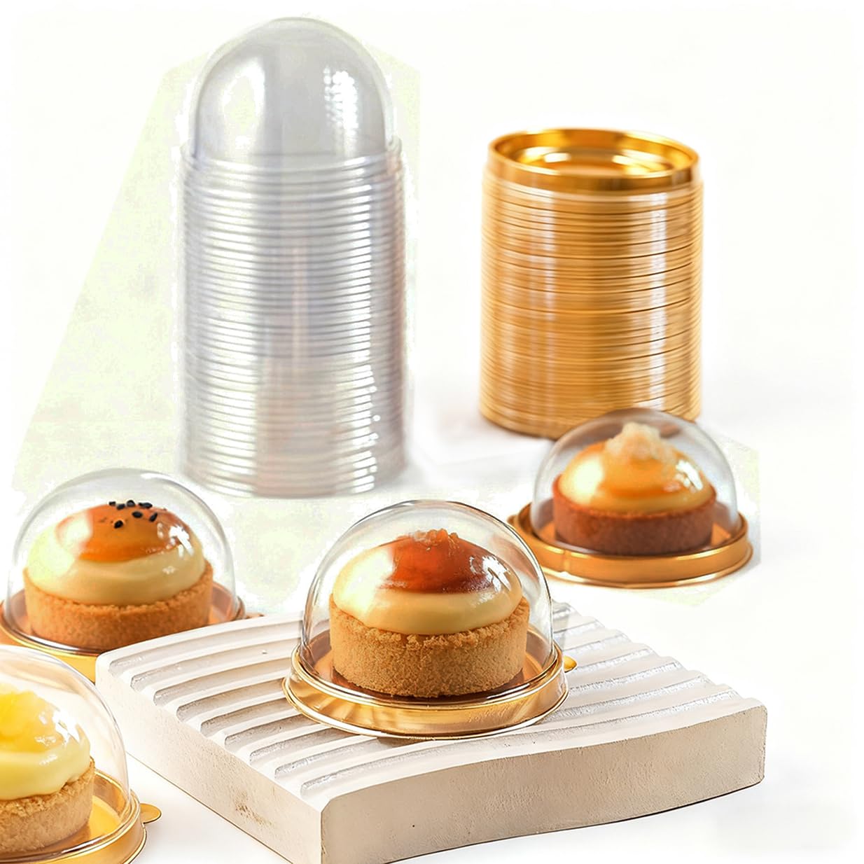 Photo 1 of Atojrro Clear Plastic Mini Cake Box, Round Cupcake Holders Plastic Egg-Yolk Puff Container Mooncake Dome Boxes Baking Packing Box (Gold, 3.1 inch,50 Set)
