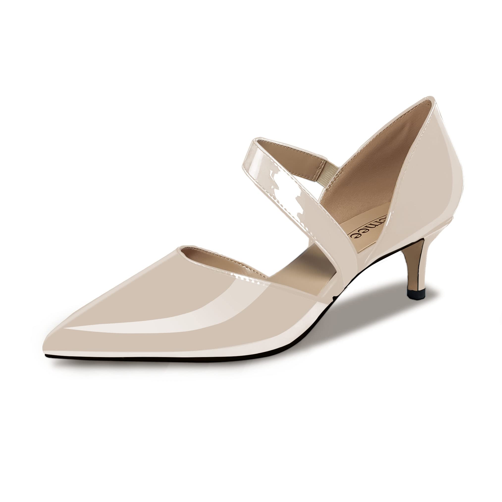 Odernee Women's Fashion 2 Inch Bungee Strap Pointed Toe Slip On Patent Leather Kitten Low Heel Pumps Basic Work Shoes Office Daily
