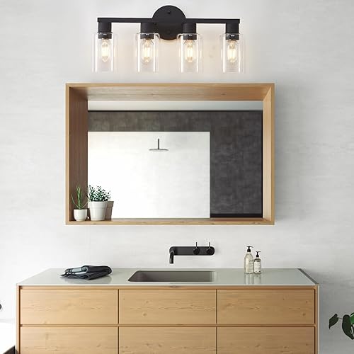 Miniatura 6 de Lámpara de tocador de baño de 4 luces, lámparas de baño negro mate con pantalla de vidrio transparente, 4 luces de tocador, accesorios de