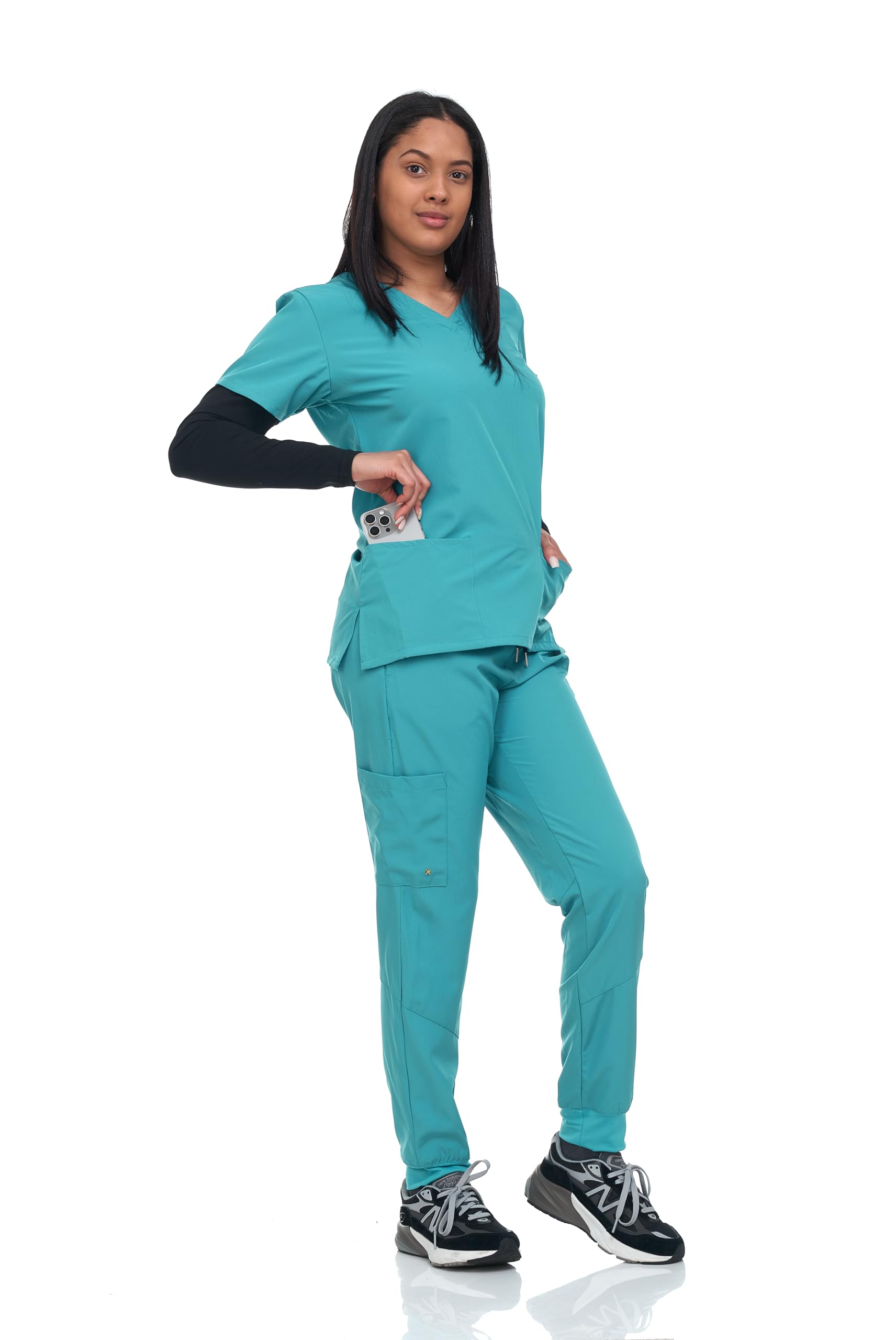 Flex Core New York Scrub Set Top with Long Knitted Sleeves and Jogger Pants with 3 Pockets Stretch Lightweight (Teal, Medium)