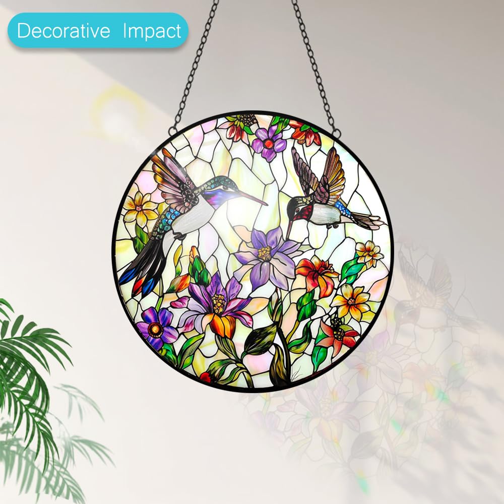 Kolibri-Sonnenfänger, Buntglas-Fensteraufhängung, Wildblumen- und Vogel-Sonnenfänger für Fenster, Buntglas-Sonnenfänger – Sonnenfänger für den Innenbereich, Wandkunst, Heimdekoration, Geschenk für