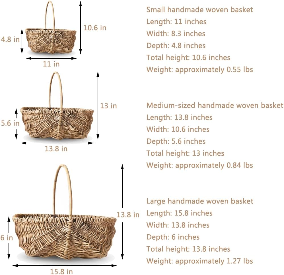 3 PCS Picnic Basket Natural Solid Wicker Storage Basket Fit Garden and Home Decor, Rustic Willow Fruit Vegetable Trug Basket for Picnics, Camping, Veg Picking, Outdoor, Weddings, Mother's Day