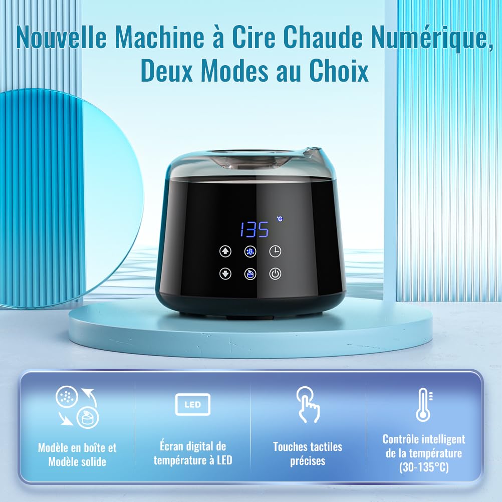 500ML Chauffe Cire, Réglable 30-135°C, Appareil a Cire Chaude Épilation Avec Fonction de Chauffage Différé, Bol en Silicone, Kit Epilation