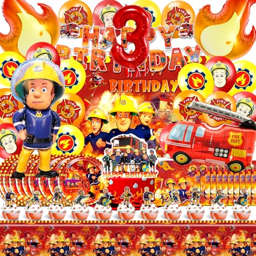 81 Pièces Pompier Décoration 3 Ans, Ballon, Deco Gateau, Assiettes, Happy Birthday Bannière, Serviettes, Fête pour Enfants