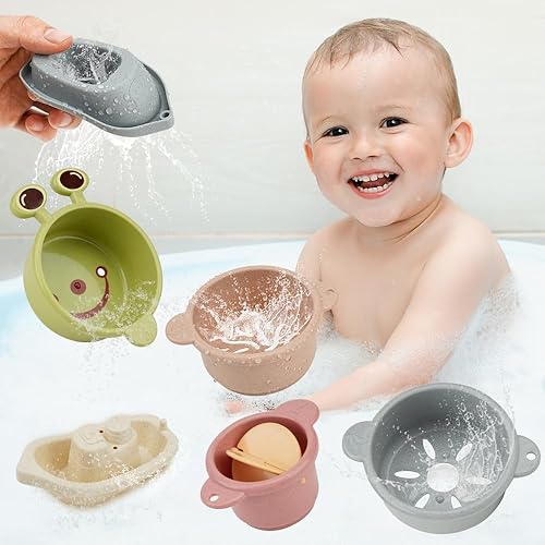 Miniatura 5 de Juguetes de baño para bebés, botes flotantes y tazas apilables para niños pequeños de 1 a 3 años, 12 juguetes de bañera sin moho para bebés de 6 a