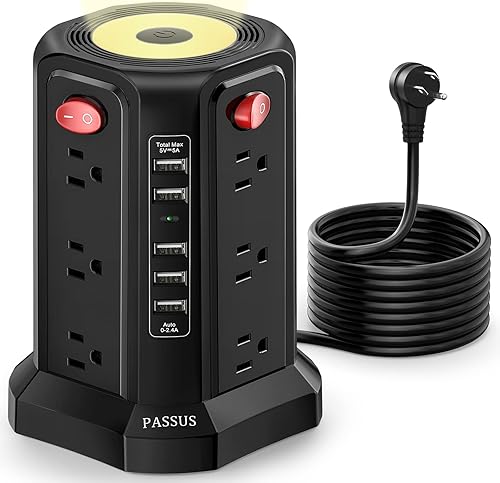 PASSUS - Regleta protectora de sobretensiones con 5 puertos USB y luz nocturna, cable de extensión de 10 pies con 12 tomas de corriente alterna
