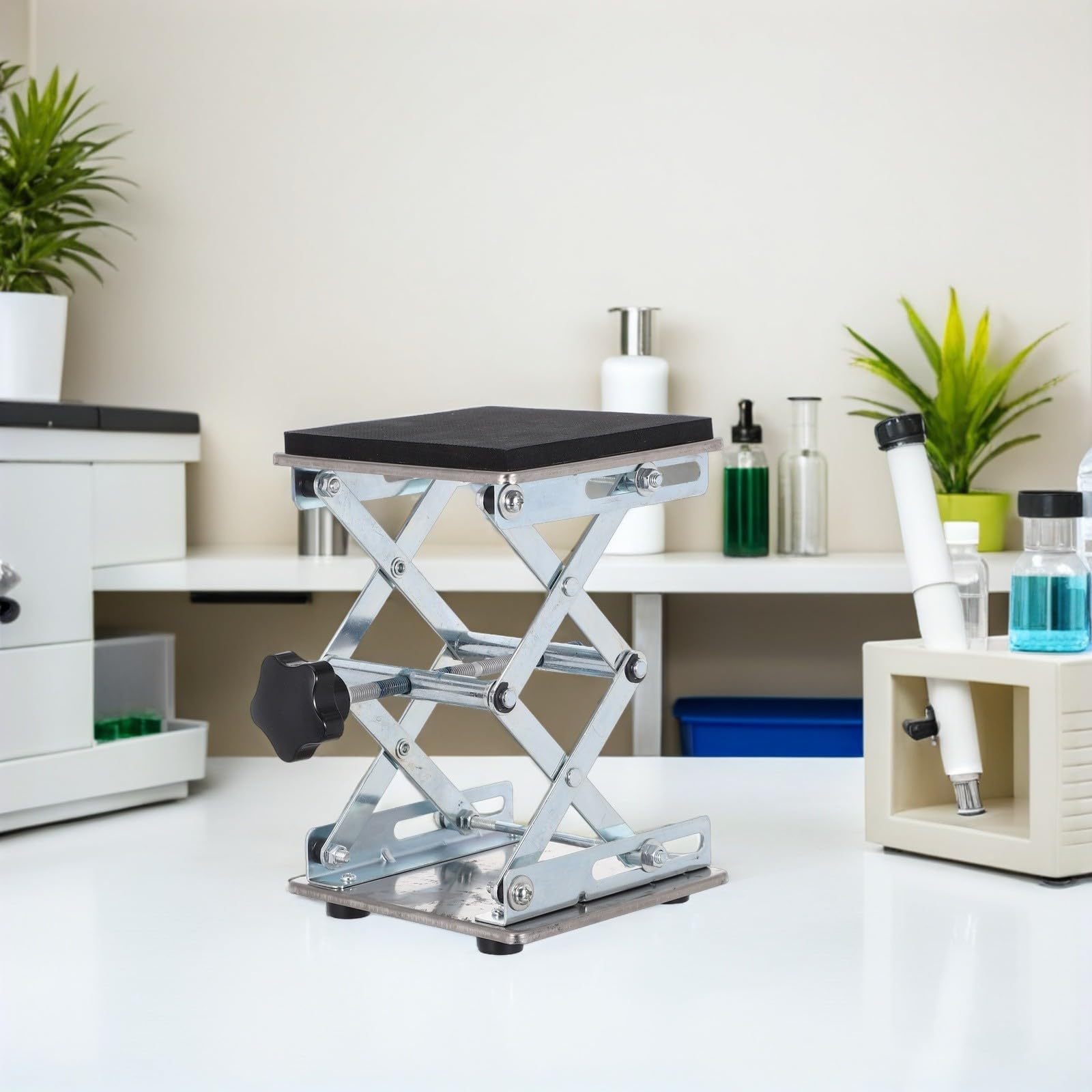 Mini Gato Plataforma de 6x6 Pulgadas Elevador de Tijera de Laboratorio de Acero Inoxidable y Altura Ajustable de 70-260mm para Proyectos Científicos